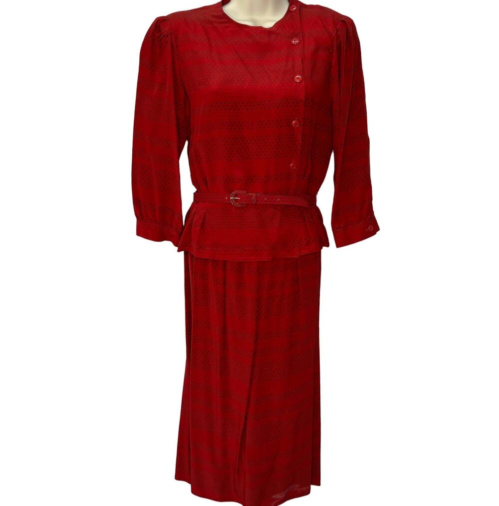 Vintage Maggie London Jeannene Booher Red Silk 2 Piece Set Size 10 Skirt Belt